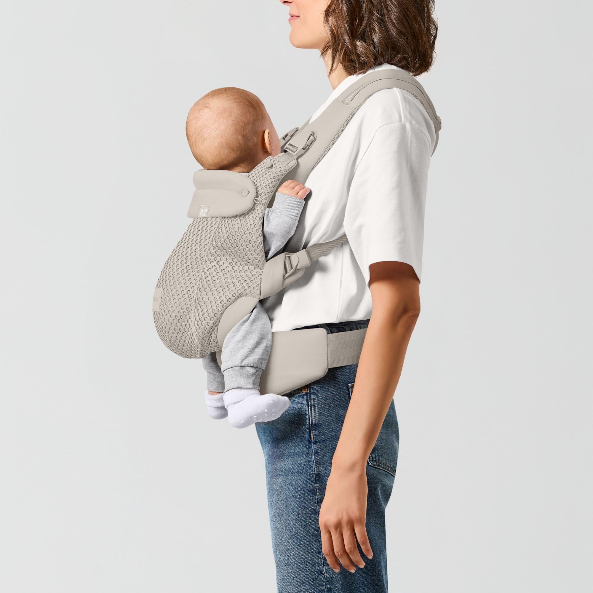 CYBEX Gold AMYA Mochila Portabebés, Desde Nacimiento Hasta 3 Años Aprox, Peso del Niño: Mín. 3,2 kg, Máx. 15 kg, Peso del Portabebés: 760 g, Diseño Autoadaptable, Tejido Transpirable, Dune Grey