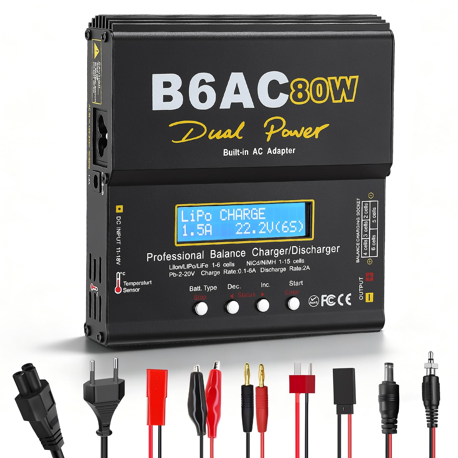 LiPo Ladegerät 80W 6A Dual Power Akku Ladegerät mit Balancer für LiPo Li-Ion Life (1-6S) NiMH NiCd (1-15S) PB, B6AC RC Batterie Ladestation mit LCD Display & Multi-Kabel für RC Auto Drohne, Schwarz