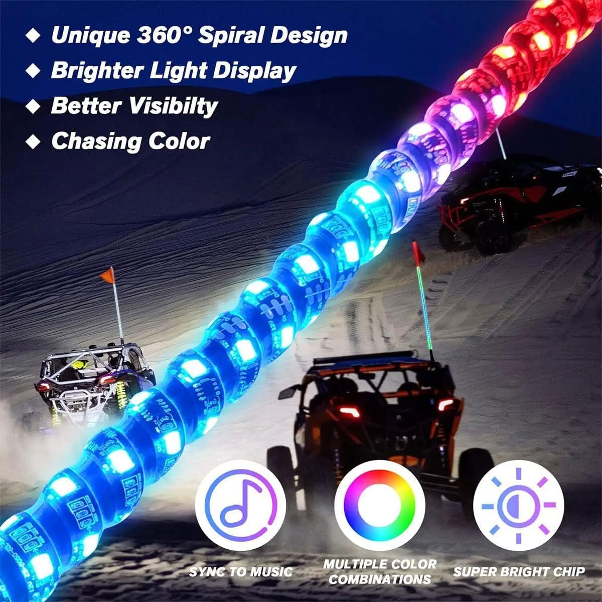 1 Pack 3FT LED Whip Lights, Spiral RGB Chasing Light Whips with App Music Remote Control & Rocker Switch, Whip Lights for Side by Side UTV ATV Polaris RZR Can-Am SXS Truck
