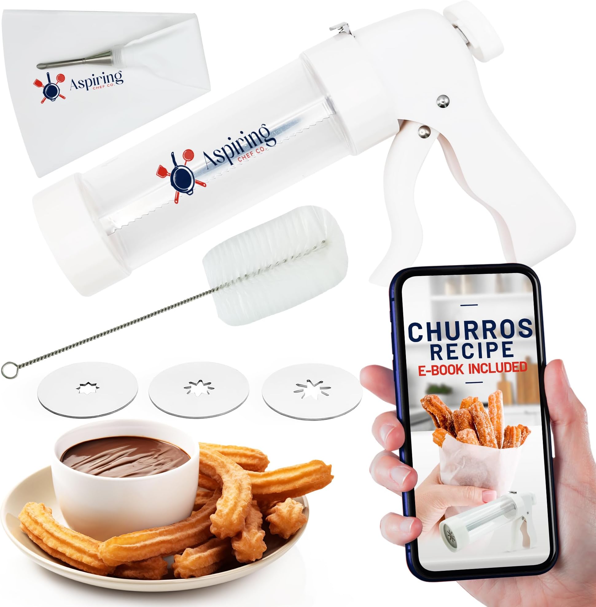 Churro Maker Machine Kit – Easy-to-Use Churro Gun with Stainless Steel Discs, Piping Bag & Filling Tip – Make Authentic Churros Mexicanos at Home – Includes QR Recipe eBook