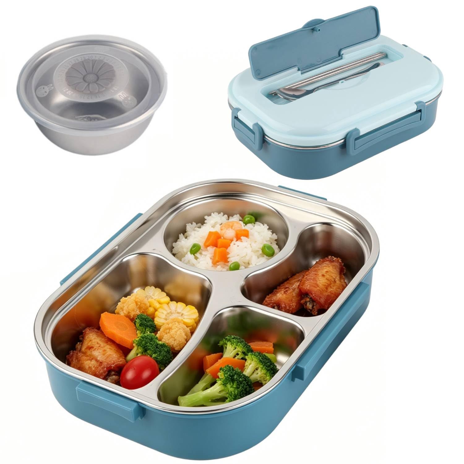 Tissting Edelstahl Lunchbox 4-Fach, 1500ml Brotdose Edelstahl Metall Bento Lunchbox Auslaufsichere Bento Box Brotzeitdose Vesperdose Brotbüchse für Studenten Erwachsene (with soup bowl: blue (spoon)