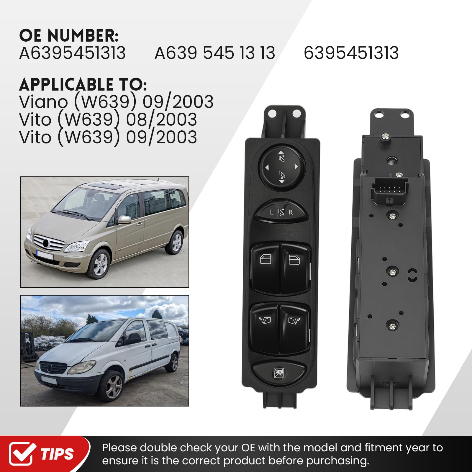 Elektrischer Fensterheberschalter Vorn Link für Mercedes Vito W639 Viano W639 2013- A6395451313 Fahrerseitiger Fenstersteuerungsschalter 6395451313