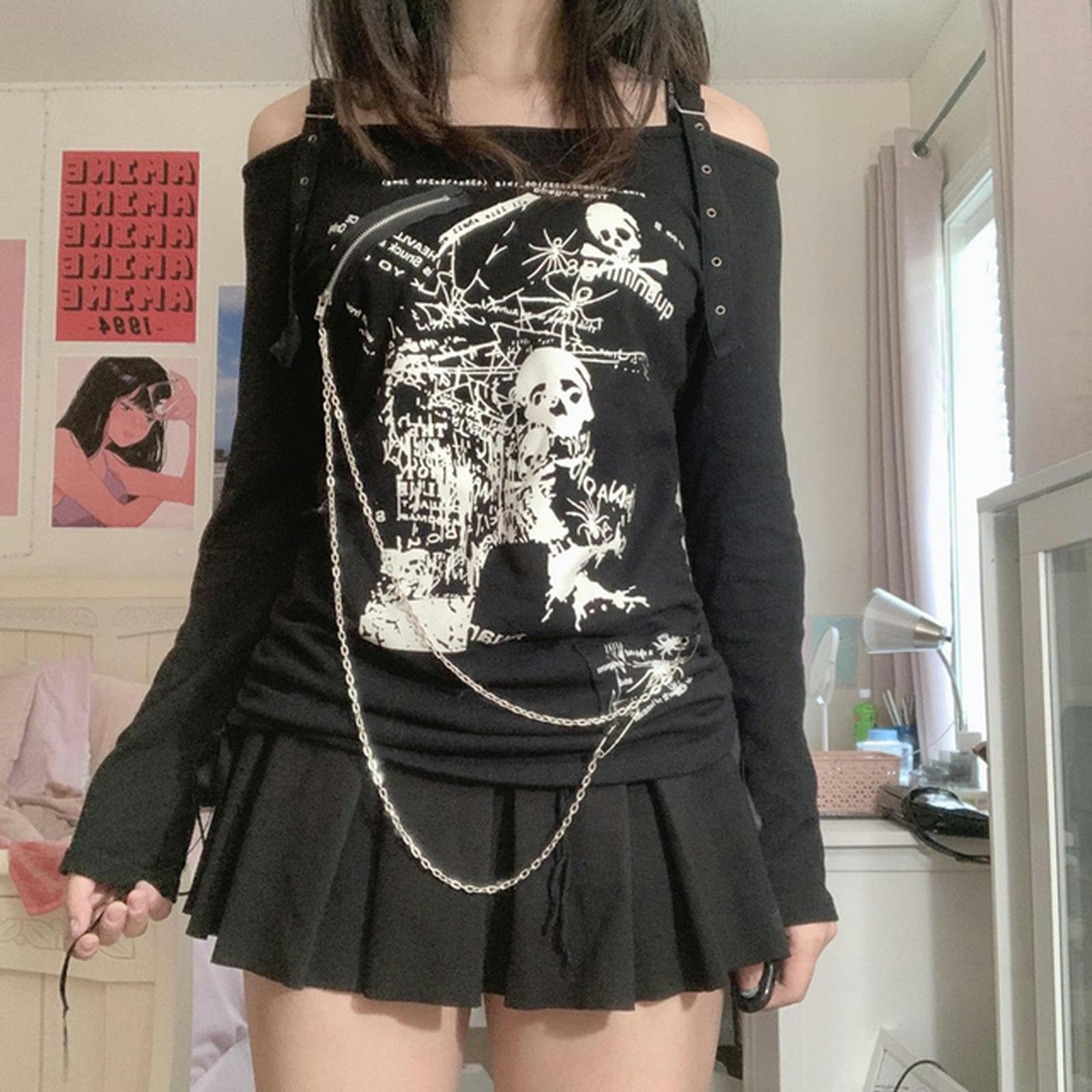 Camiseta gótica vintage negra talla L para verano con cuello oblicuo Harajuku