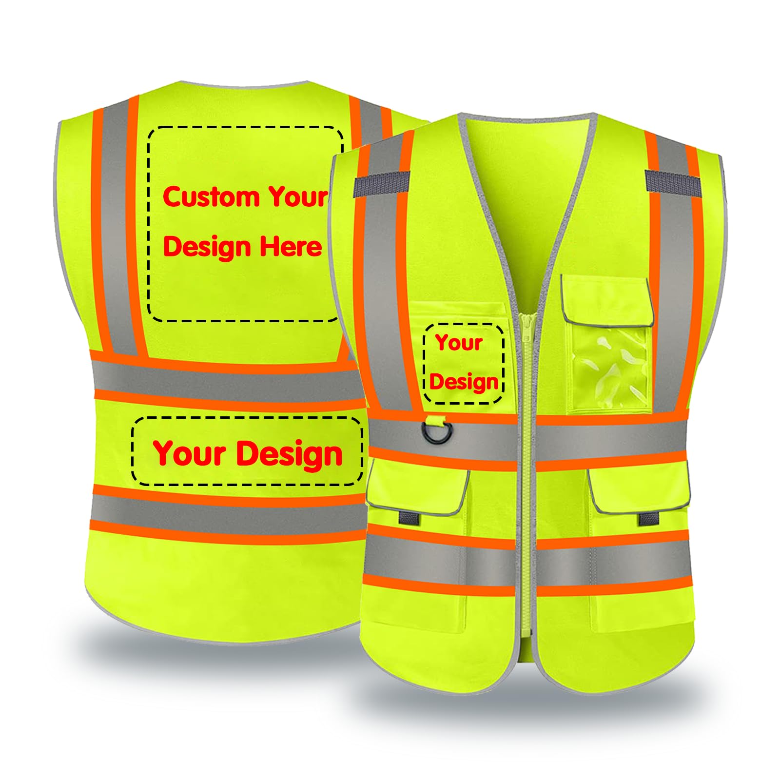 Custom Safety Vest LOGO Customized High Visibility Vest 9 Pockets Class 2 Personalized Hi Vis Reflective Workwear