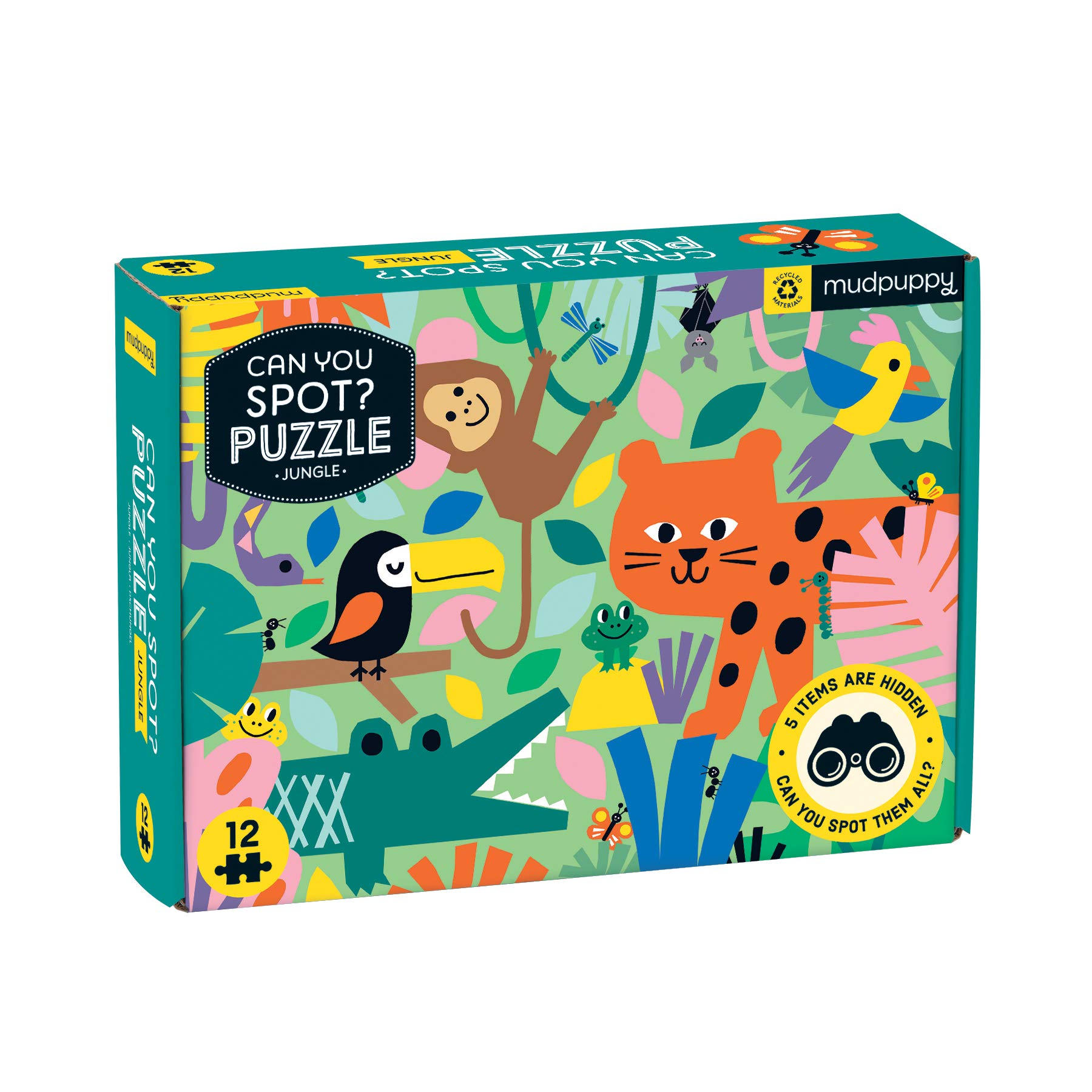 Mudpuppy Jungle Can You Spot? Puzzle from Mudpuppy - 12 Piece Jigsaw Puzzle Featuring Colorful Jungle Animals and 5 Things to Search and Find, 18" x 13.75", Ages 2+