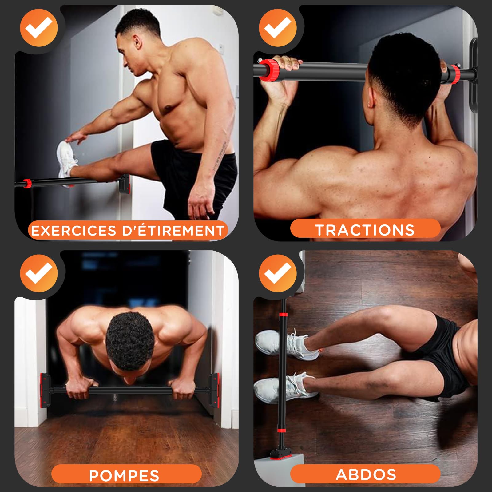 DH FitLife Barre de Traction pour Cadre de Porte sans Vis | Pull up bar Doorway à Domicile | Barre de Porte pour l'entraînement Musculaire | Barre de Tractions Porte 72-92cm | Avec Niveau à Bulle