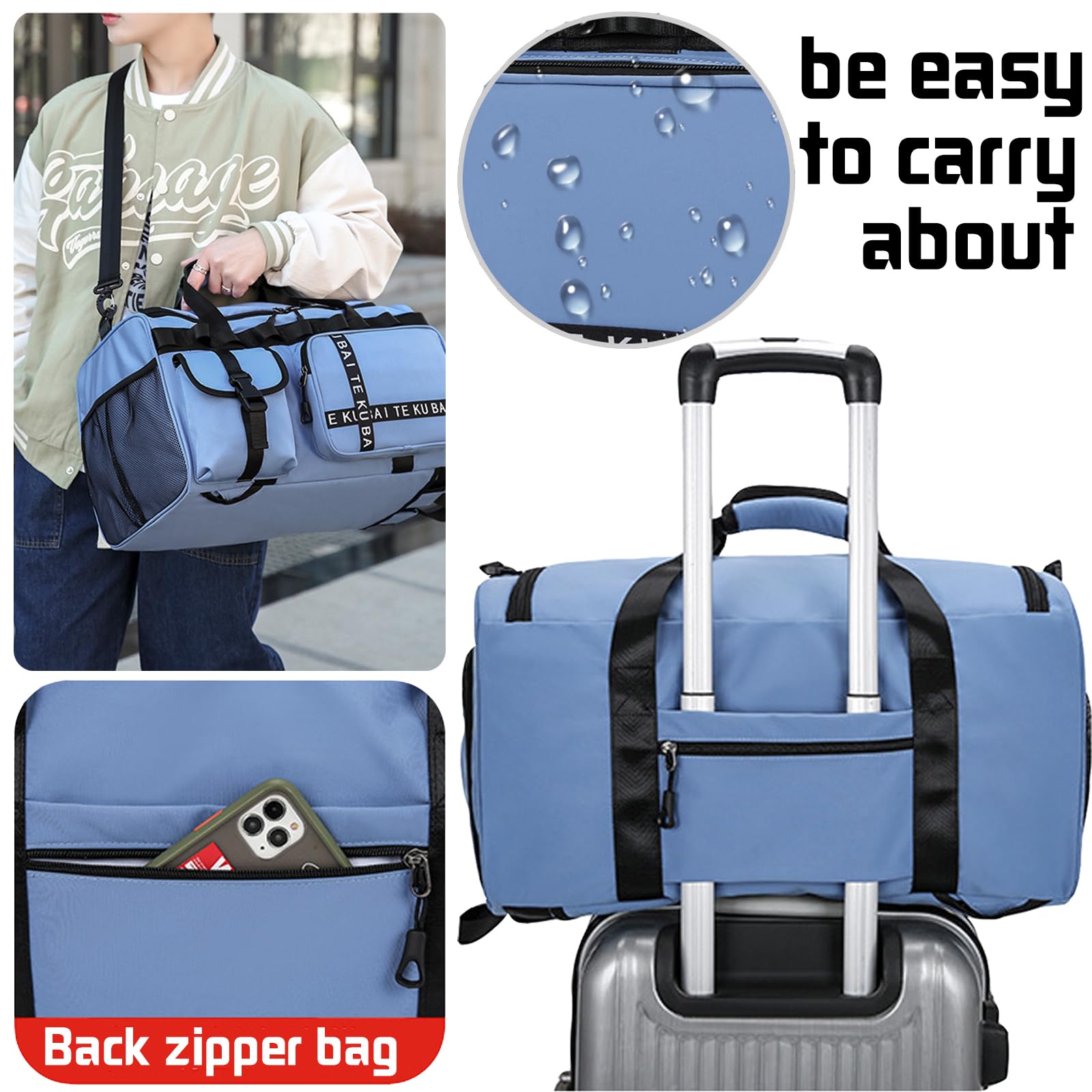 Reisetasche Damen Herren, 65L Wasserabweisende Sporttasche, Reise Tasche mit Schuhfach und Nassfach, Gym Bag, Handtasche, Umhängetasche, Schultertasche für Reisen, Fitness, Sport, Königsblau