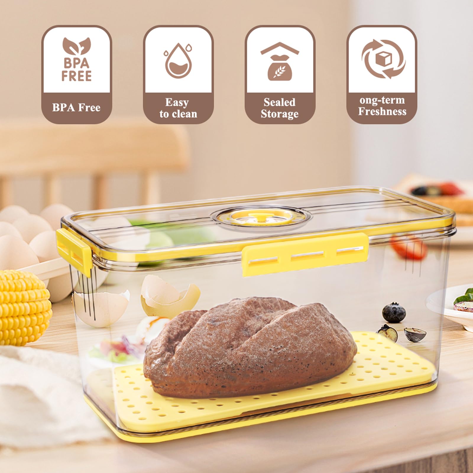 Brotbox für Küchenarbeitsplatte mit Brotschneider, Zeitaufzeichnung Brotaufbewahrungsbehälter mit Deckel Luftdicht, Brotkasten Behälter mit Vakuumpumpe, Brotkasten für selbstgemachtes Brot, Bagel,