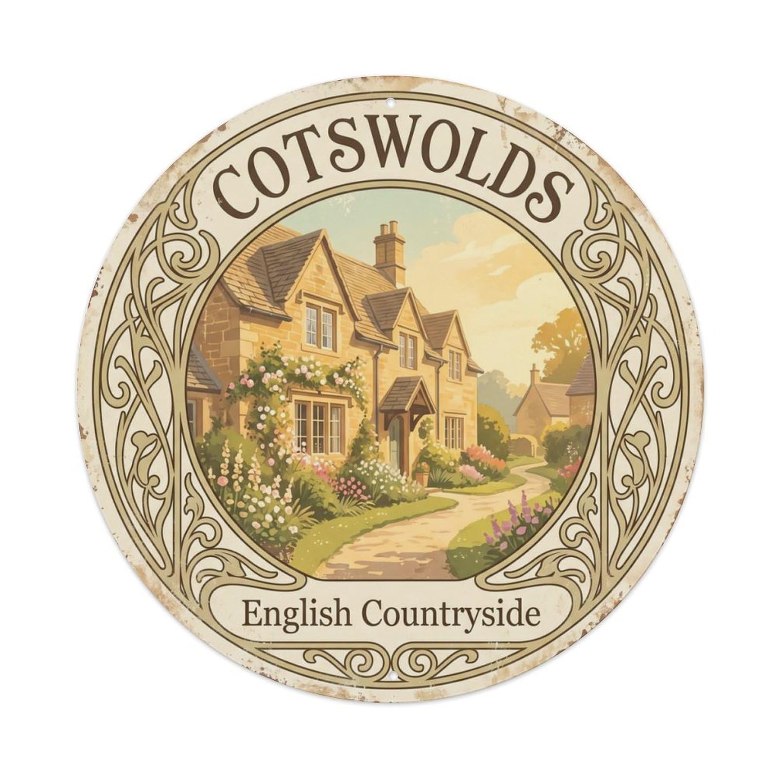 Vintage Travel Cotswolds Cottage England Metal Tin Sign Plaque Wall Decor for Cafe, Club, Garden Round Metal Poster 8x8Inch