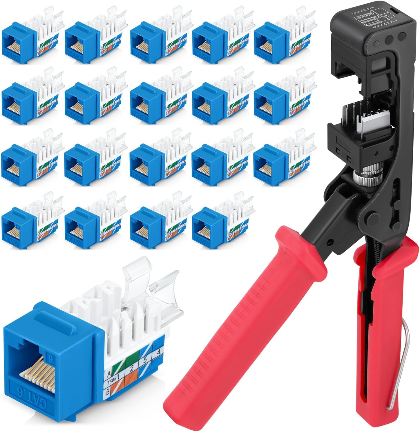 Everest 45Term - 45° Angled Speed Termination Keystone Tool Set - with 20-Pack of RJ45 Cat6 Keystone Jacks in Blue (Slim Profile Design) - Time Saver Network Punch Down Tool Cat6