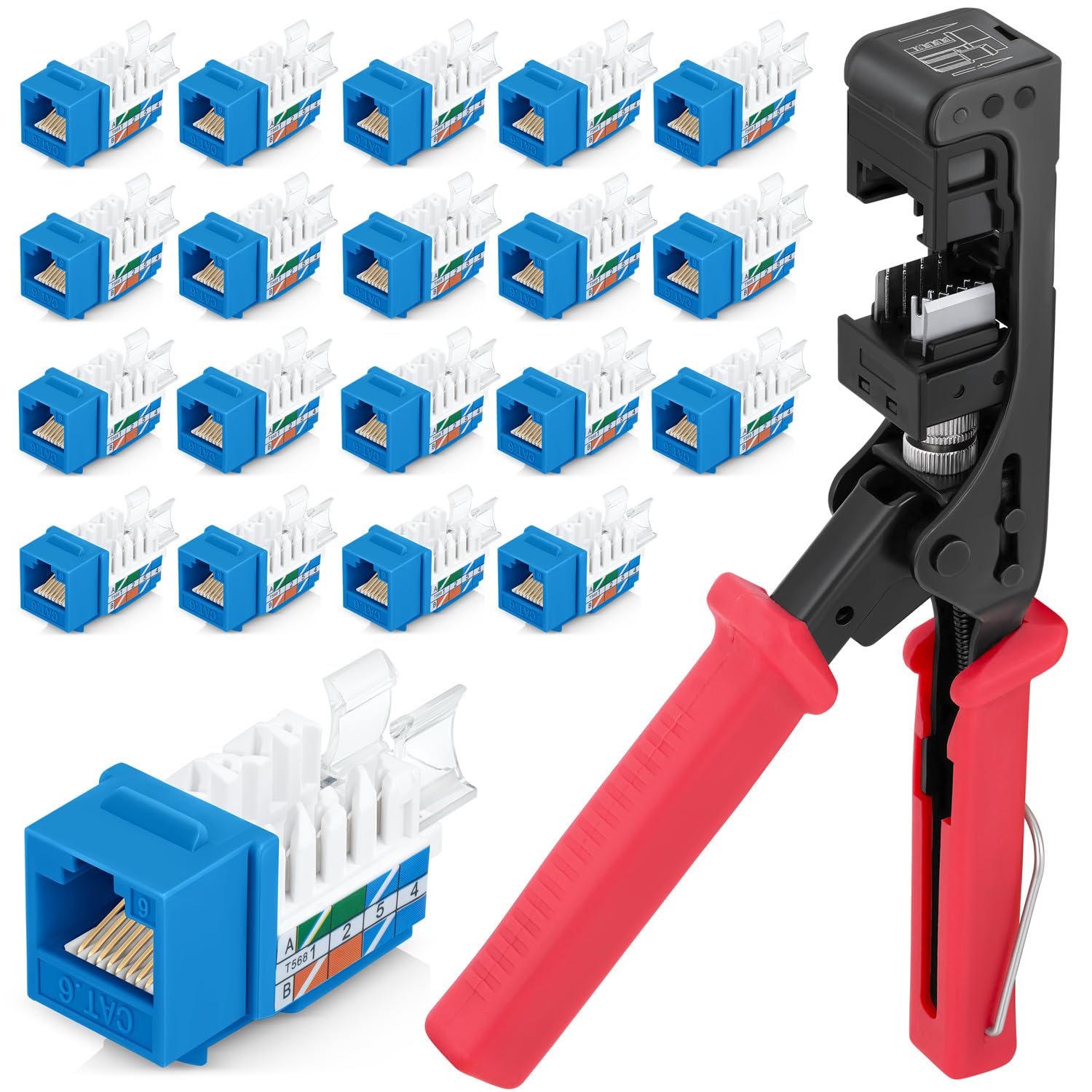 Everest easyJACK - 45° Angled Speed Termination Keystone Tool Set - with 20-Pack of RJ45 Cat6 Keystone Jacks in Blue (Slim Profile Design) - Time Saver Network Punch Down Tool Cat6