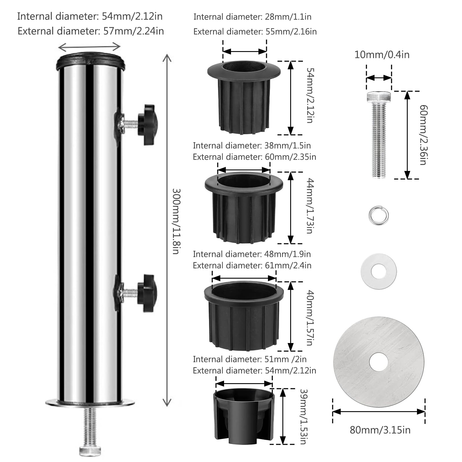 Tubo Universale in Acciaio Inox, Set di Supporti per Ombrellone in Acciaio Inox, Universale Tubo Parasole, Portaombrelli per Esterni per Terrazze, Tavolo E Balconi