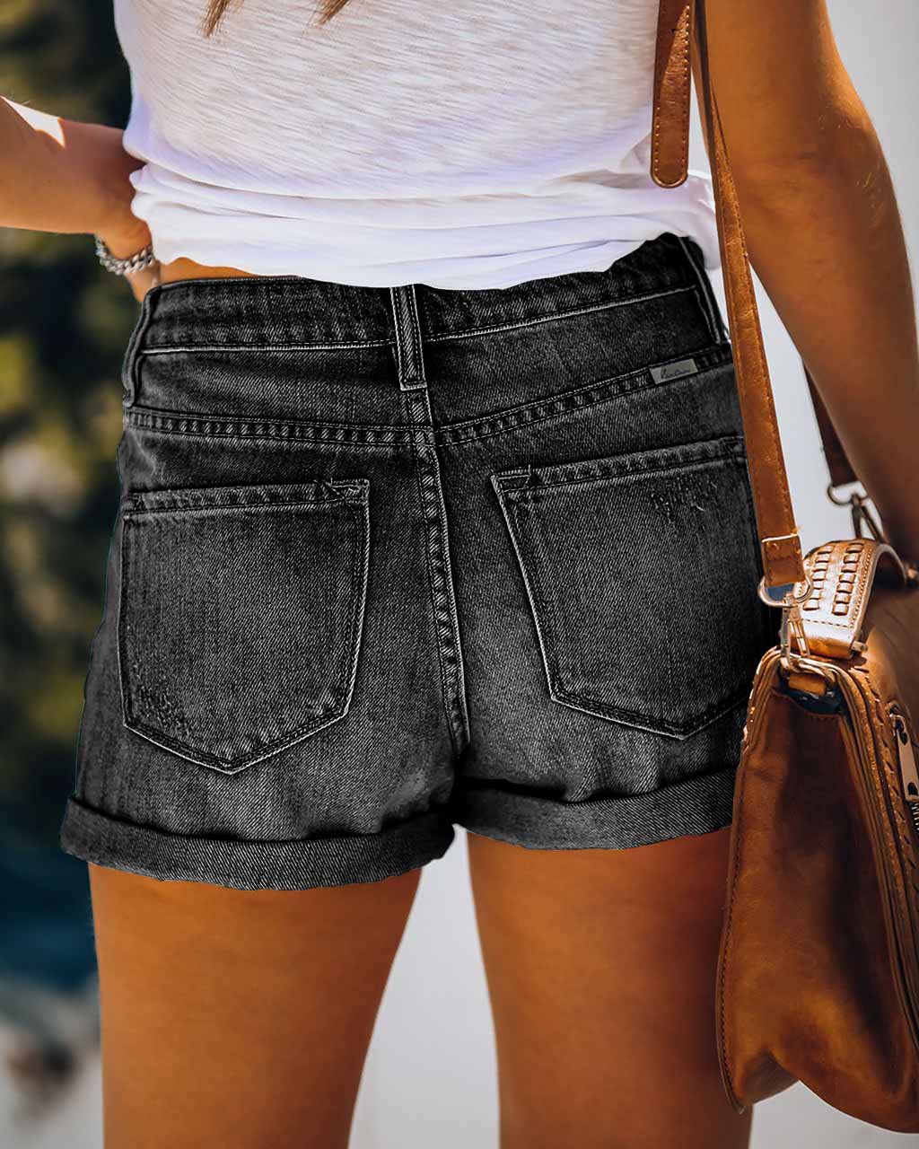 Alaster Queen Pantalones Cortos Vaqueros de Mujer Cintura Alta Pantalones Cortos Vaqueros de Mujer Flip Folded Distressed Short Jeans Negro XXL