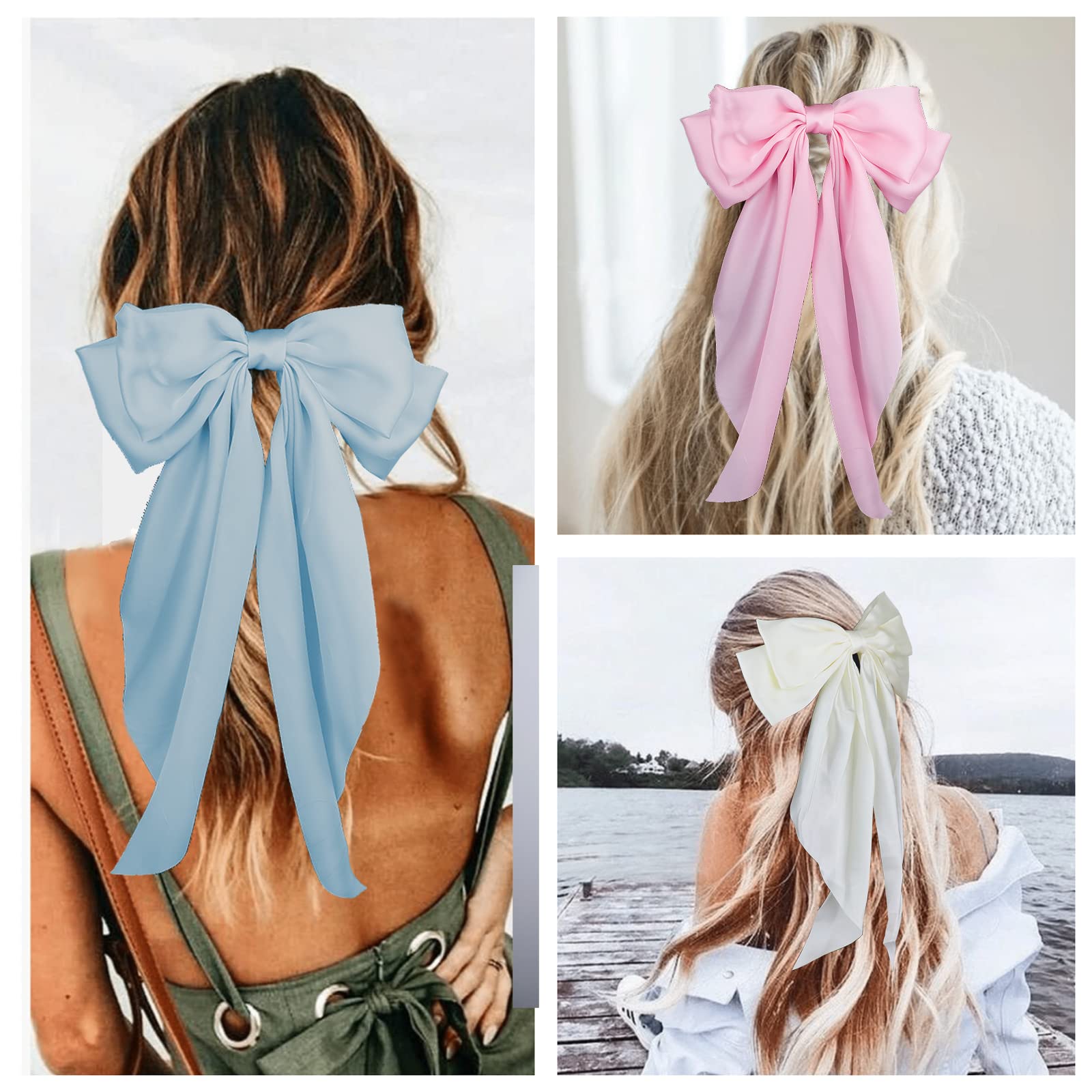 Grandi fiocchi per capelli in raso a strati con fiocco lungo con coda lunga, accessori per capelli in stile francese, per donne e ragazze, 5 colori