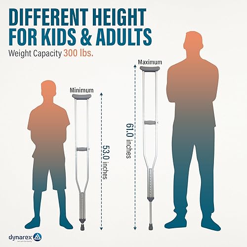 Miniatura 27 de Dynarex Muleta universal de aluminio, niños a adultos - 4'7" a 6'7", ajuste de altura con botón pulsador, axila acolchada y cómodos agarres de mano