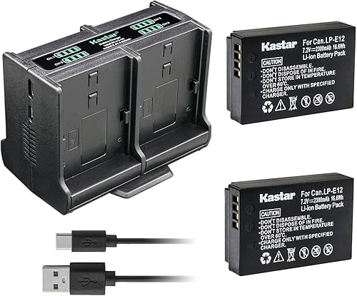 Kastar 2-Pack Battery and Quadruple Charger Compatible with Canon LP-E12 LPE12 Battery, Canon LC-E12 LC-E12E Charger, Canon EOS 100D EOS M M2 M10
