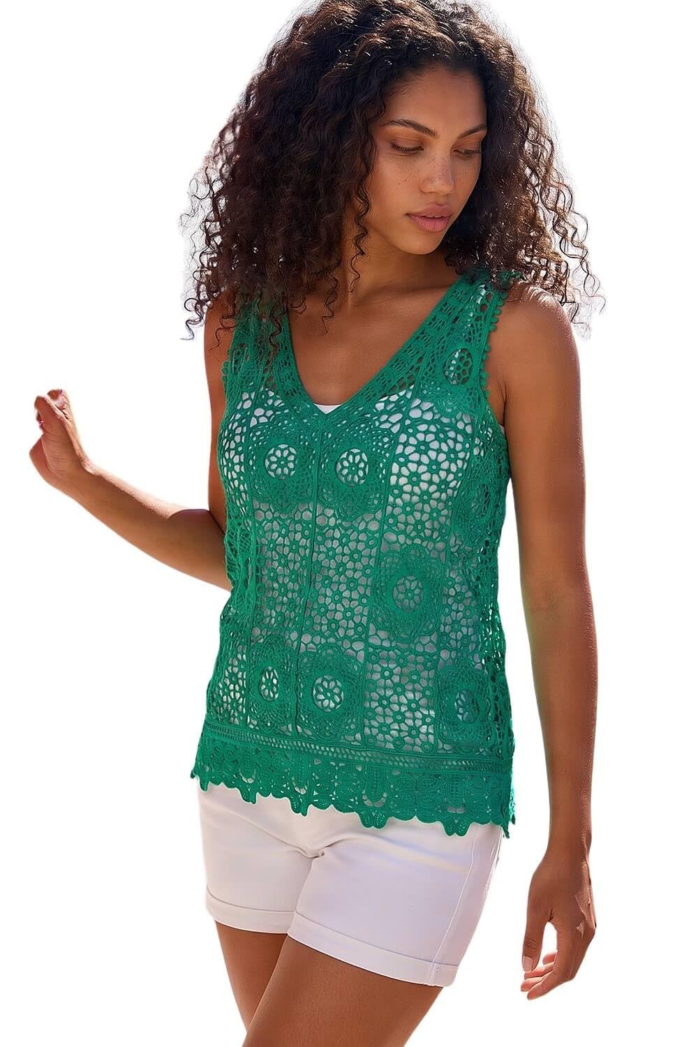 Roman Originals Women's Green Roman Petite Crochet Vest Top For Uk - Everyday Holiday Spring Summer V-Neckline Comfy Soft Evening Vacation Work Party - Petite - Size M