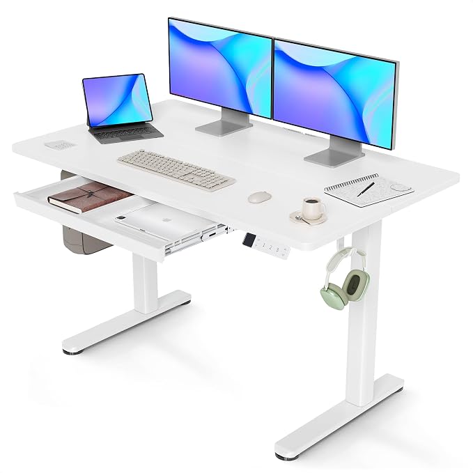 Claiks Bureau Assis Debout Électrique avec Tiroir 120 x 60 cm, Bureau Réglable en Hauteur avec 3 Mémoires et 2 Crochets pour Casque Audio, Capacité de Charge de 80 KG, Blanc