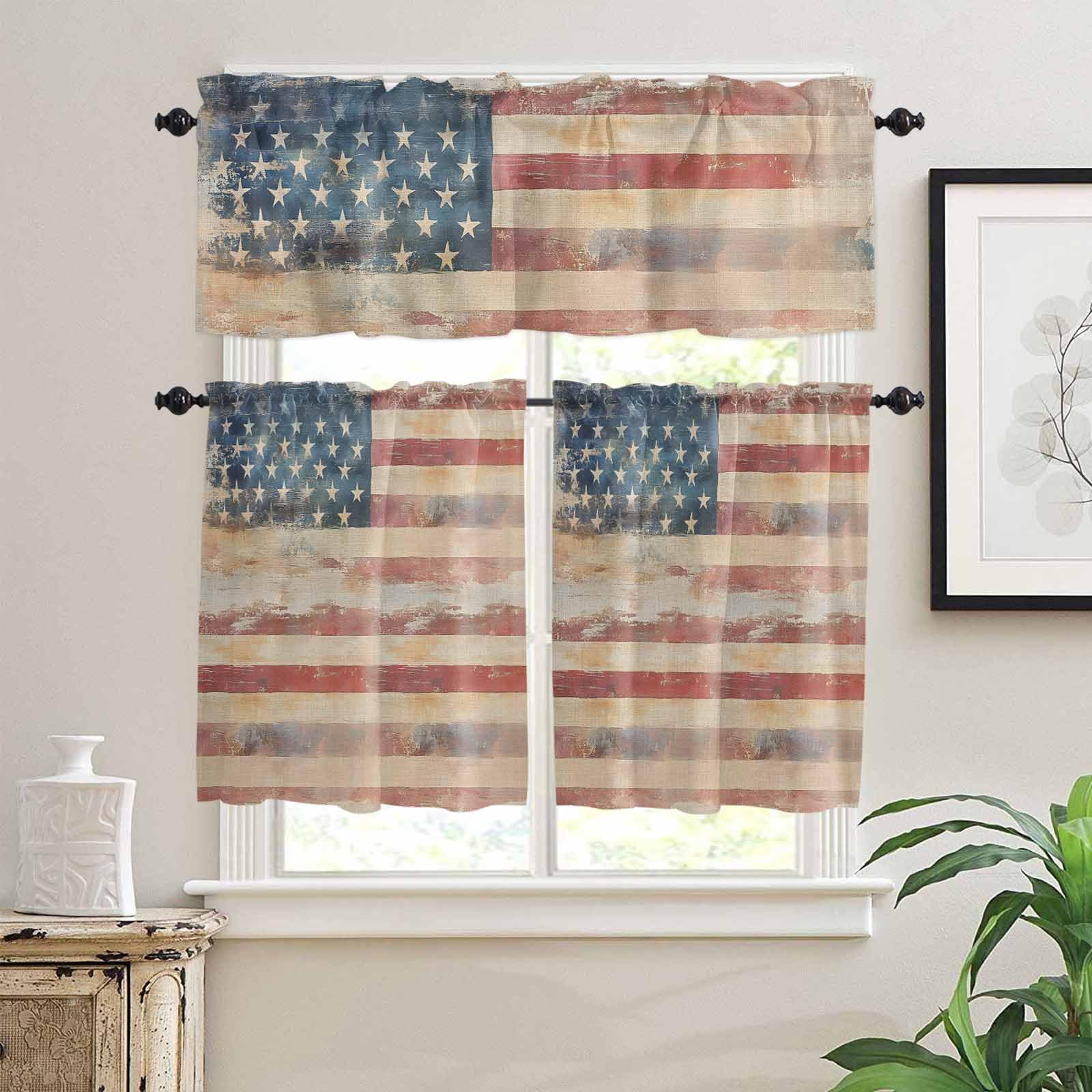 Retro American Flag Kitchen Curtains 36 Inch Length, 3 Piece Rod Pocket Small Half Tiers and Valance Set, Rustic Star and Stripes US Flag Small Large Window Treatment Decor for Bedroom/Bathroom Sink
