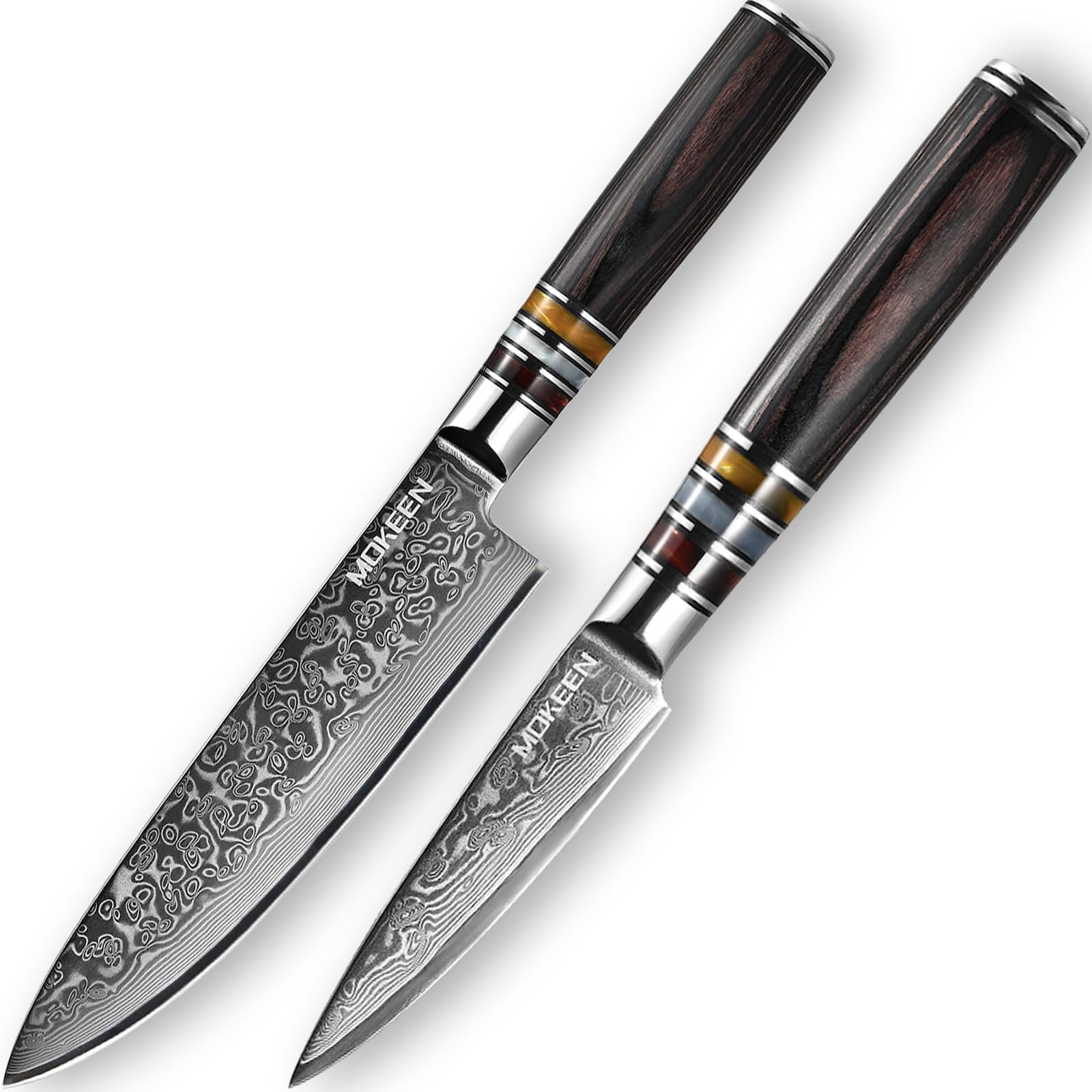 MOKEEN Damascus Chef Knife 8 Inch and Damascus Fruit Knife 3.5 Inch, Ultra Sharp, Wood Resin Handle, Full tang, Gift Box