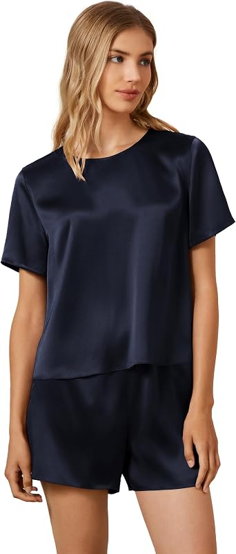 Mommesilk Silk Pajamas for Women Pullover Top and Shorts 2 Piece Silk Pj Set Washable Silk Sleepwear Lounge Wear