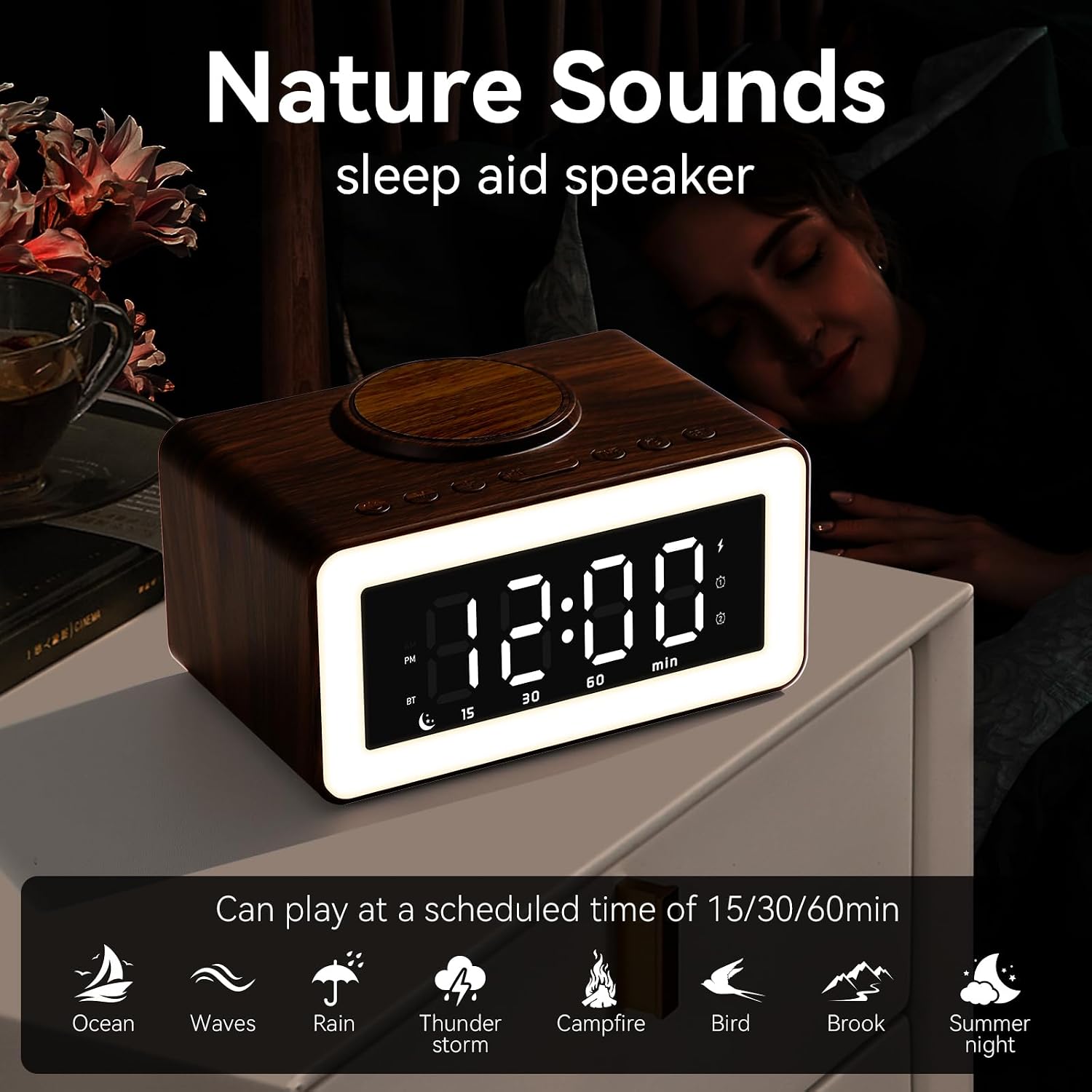 Wooden Bluetooth Speaker Alarm Clock with Wireless Charging, 0-100% Adjustable Brightness Dimmer, 2 Alarms, 9 Mins Snooze, 12/24h, Led Night Digital Clock for Bedrooms, Office,Travel(Black)