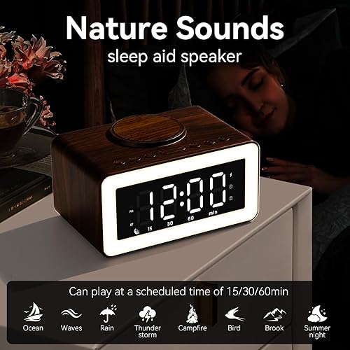 Miniatura 6 de Reloj despertador de madera con altavoz Bluetooth con carga inalámbrica, atenuador de brillo ajustable 0-100%, 2 alarmas, repetición de 9 minutos,