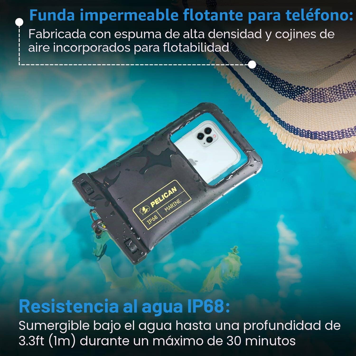 Pelican Marine - Funda impermeable IP68 para teléfono (tamaño XL), funda flotante impermeable para iPhone 15 Pro Max/14 Pro Max/13/12/S24 Ultra/S23/S22/Pixel 8 - Cordón desmontable - Negro/Amarillo de