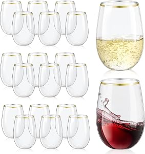 20 Pack Plastic Stemless Wine Glasses, 16 OZ Plastic Wine Glasses Disposable Unbreakable Plastic Wine Cups Reusable Clear Acrylic Drinking Party Glass Bulk Shatterproof for Champagne Wedding(Gold Rim)
