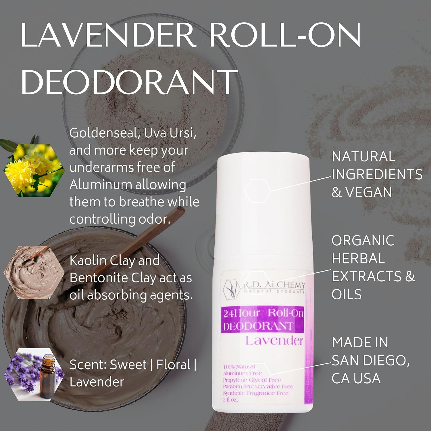RD ALCHEMY - LAVENDER - Best 100% Natural & Organic Roll-On Deodorant. Free of Aluminum, Baking Soda, Parabens, Synthetic Fragrance, Propylene Glycol! - Get Fresh Today!
