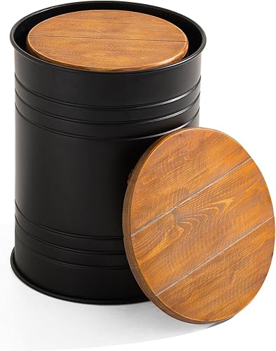 Miniatura 9 de Glitzhome Mesa anidable con almacenamiento, juego de 2 mesas auxiliares de granja con tapa, taburetes decorativos rústicos de barril de metal para