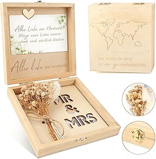 Belillpipi Originelle Geldgeschenk Hochzeit Holz - Geldgeschenke Zur Hochzeit Mit Trockenblumen, Hochzeitsgeschenk Geld - Hochzeitsgeschenke für Brautpaar Geld, Geldgeschenke Verpackung
