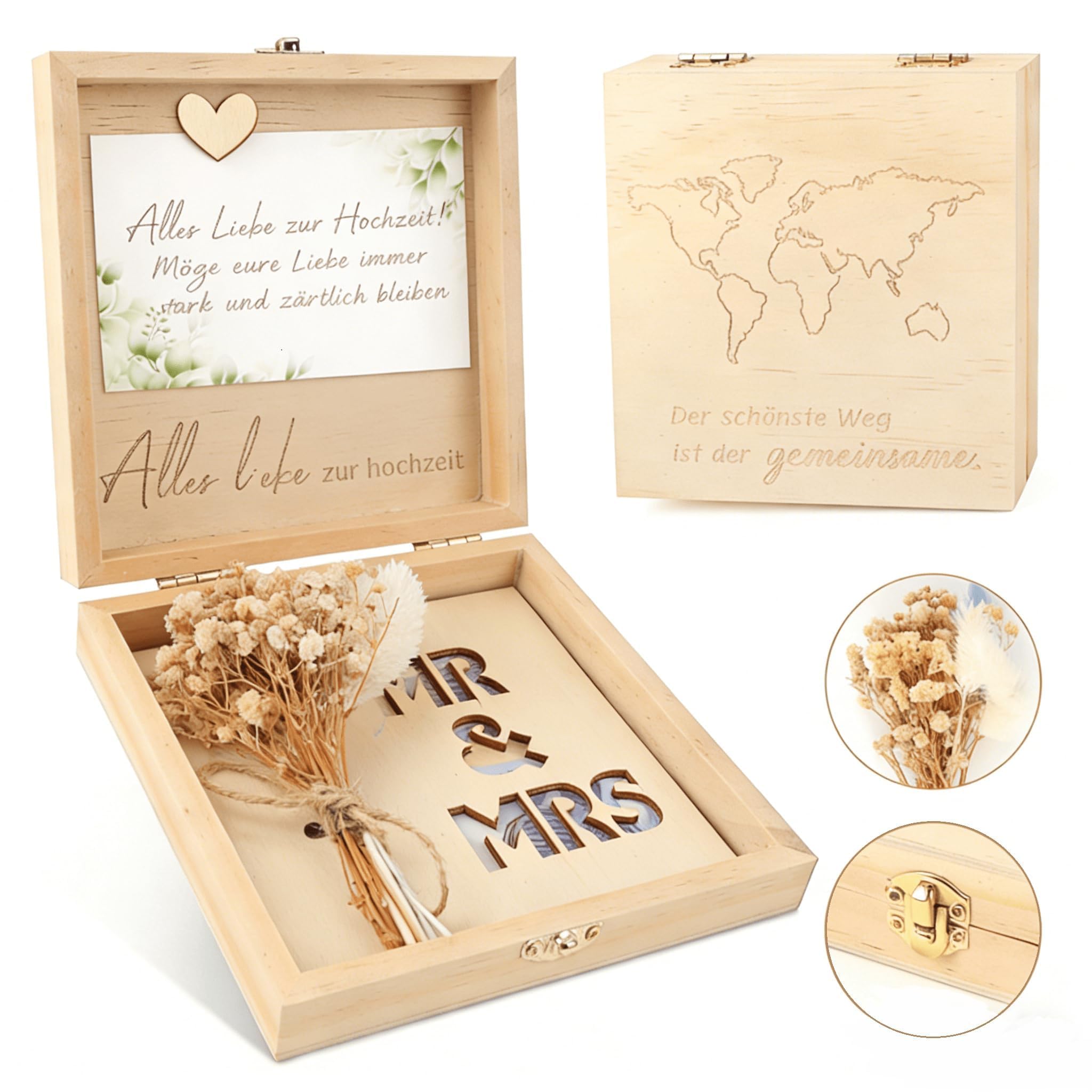Belillpipi Originelle Geldgeschenk Hochzeit Holz - Geldgeschenke Zur Hochzeit Mit Trockenblumen, Hochzeitsgeschenk Geld - Hochzeitsgeschenke für Brautpaar Geld, Geldgeschenke Verpackung