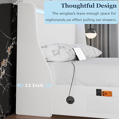 Miniatura 45 de VECELO Full Size Bed Frame with Storage Drawers, Upholstered Platform Bedframe with Wingback Headboard, No Box Spring Needed, Light Grey Gris