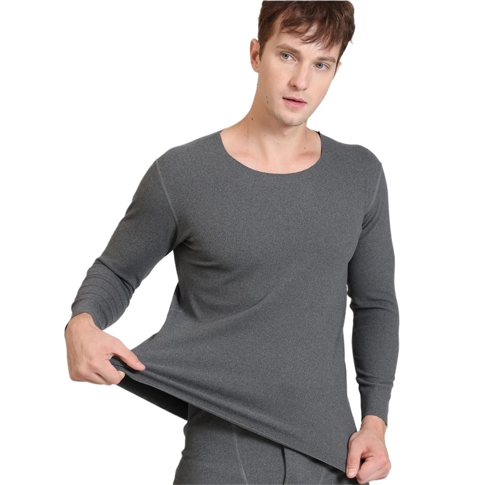 Conjuntos Térmicos Para Hombre Otoño Invierno ropa interior térmica de manga larga sin costuras for hombre talla grande cuello redondo ropa fina de otoño Top Para El Running, El Esquí(Gray,5XL (100-11