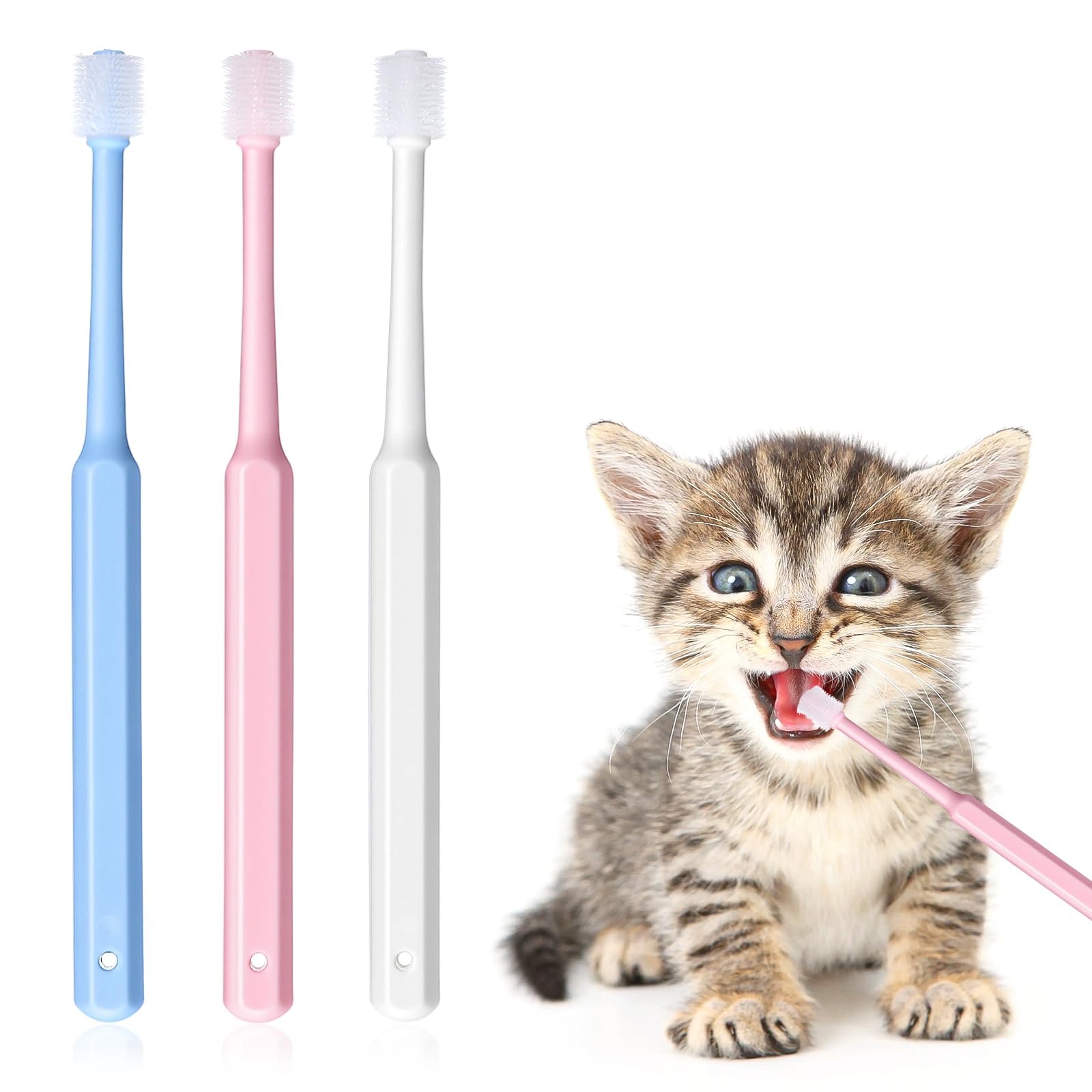 WJIAAA 3 Pack Small Dog Cat Toothbrush, 360 Degree Soft Silicone Pet Toothbrush Cat Dental Care Dog Oral Hygiene Deep Clean Pet Teeth Cleaning Kit White Pink Blue