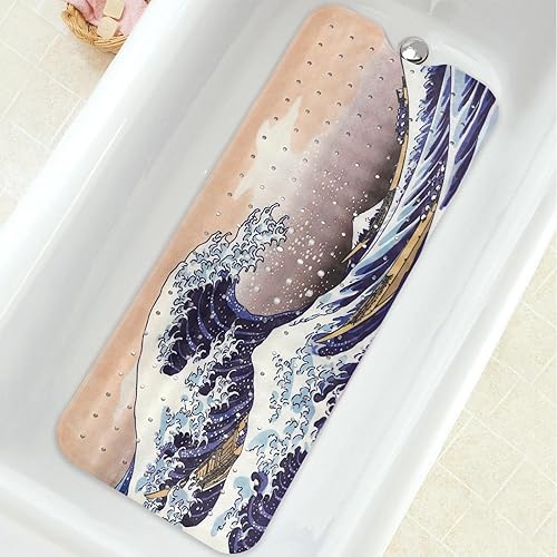 Tapete para bañera antideslizante, extra largo, de onda japonesa, con ventosas y agujeros de drenaje para adultos, niños y ancianos, 40 x 16 pulgadas