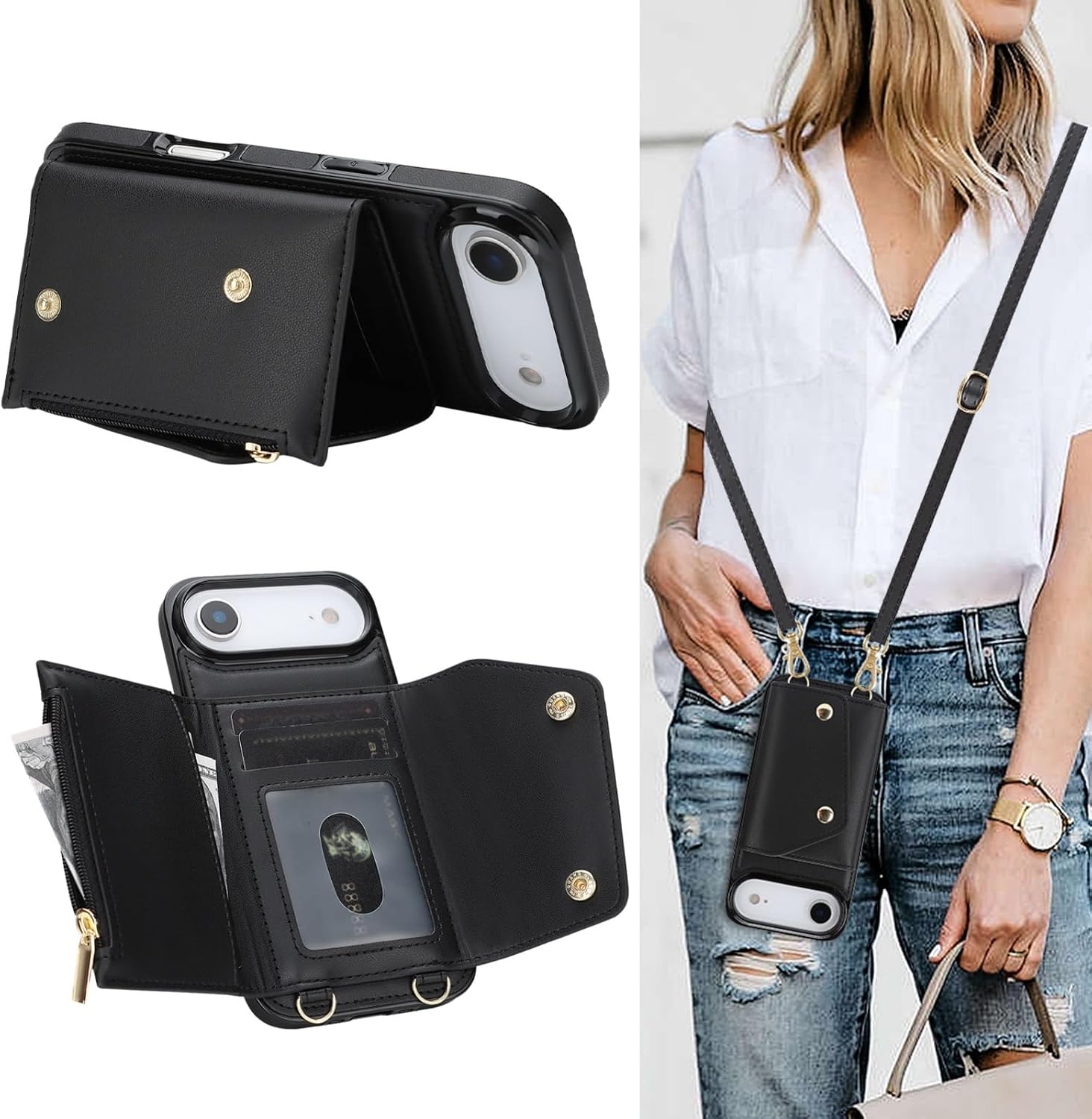 Crossbody Case for Apple iPhone 17 Air with Card Holder, Wallet Case Removable Lanyard Wrist Strap Shockproof with Kickstand Women Cover for iPhone Air.Crossbody Black