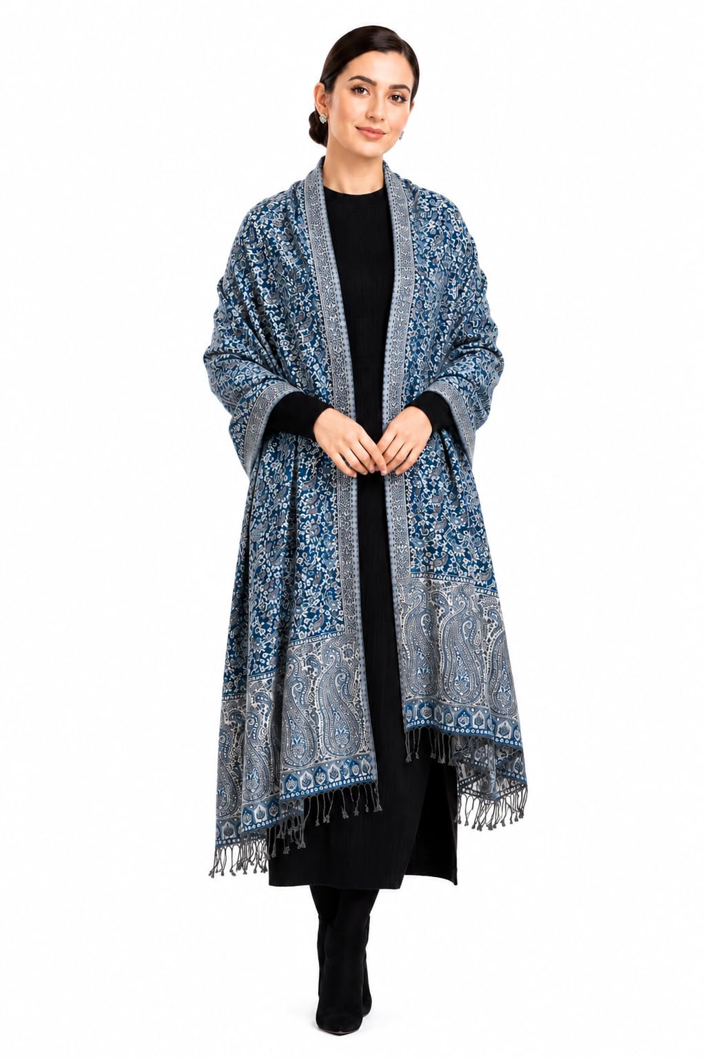 MANRA Women's Wool Blend Paisley Floral Shawl Rama Green-picture-36
