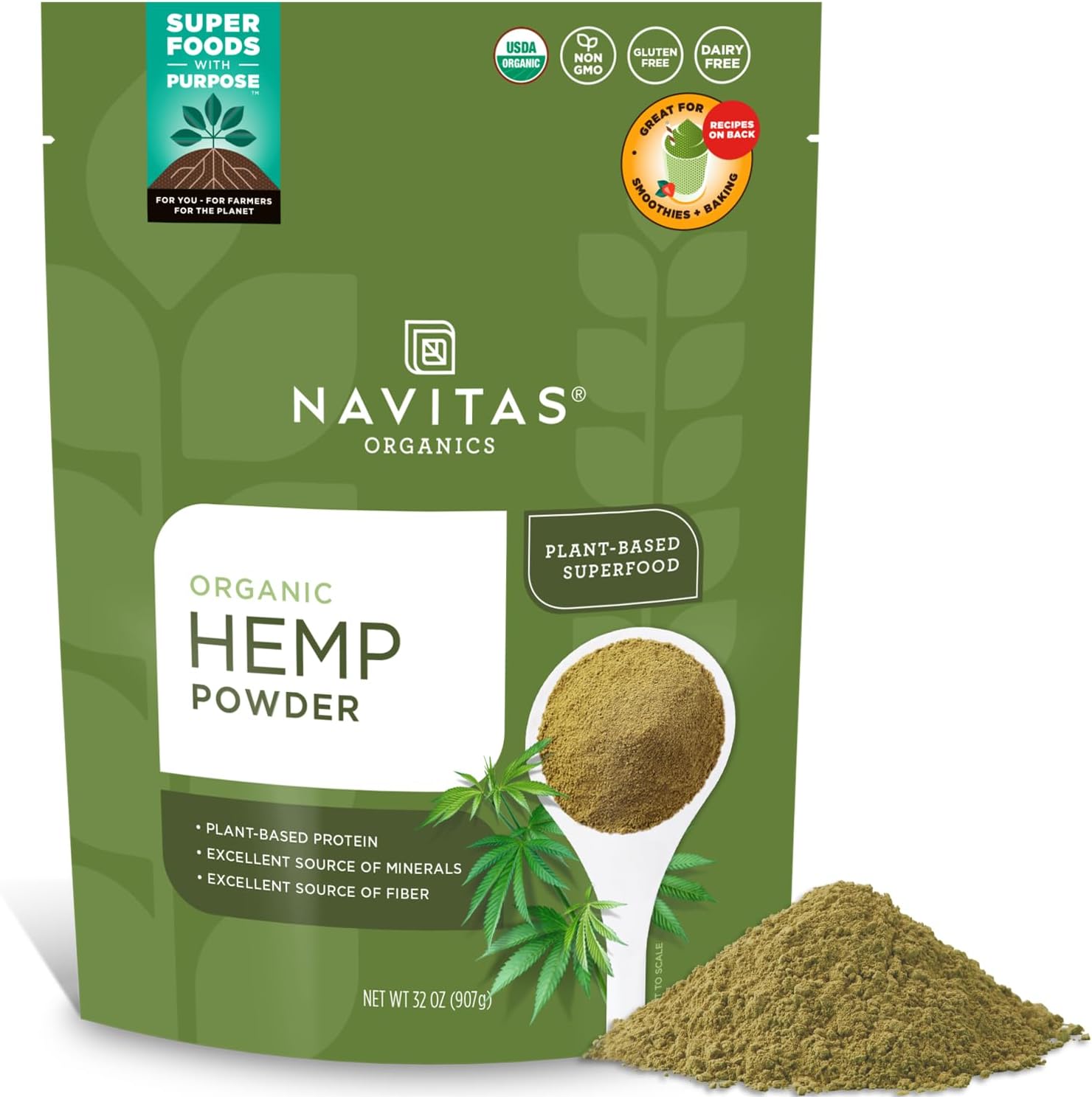 Navitas Organics Hemp Powder – Vegan Protein, Fiber & Minerals – For Smoothies, Oatmeal, Baking , Bars & More – Cold-pressed – USDA Organic, Non GMO, Kosher, Gluten Free (32oz. Bag, 30 Servings)