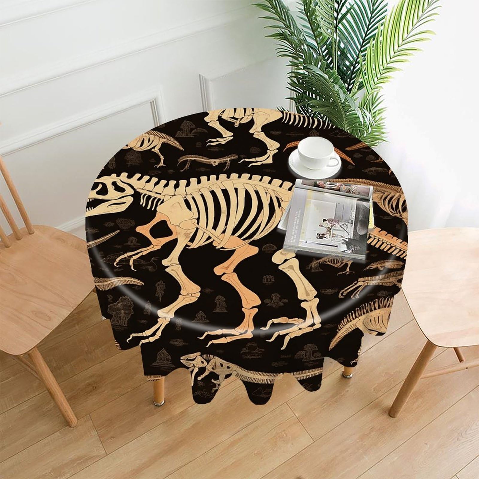 VstaDank Dinosaur Skeleton Print Tablecloth Easy to Clean Polyester Round Table Cover Washable Round Table Cloth Wrinkle-Free Circle Decoration Tablecloth for Kitchen Dining Room 60"