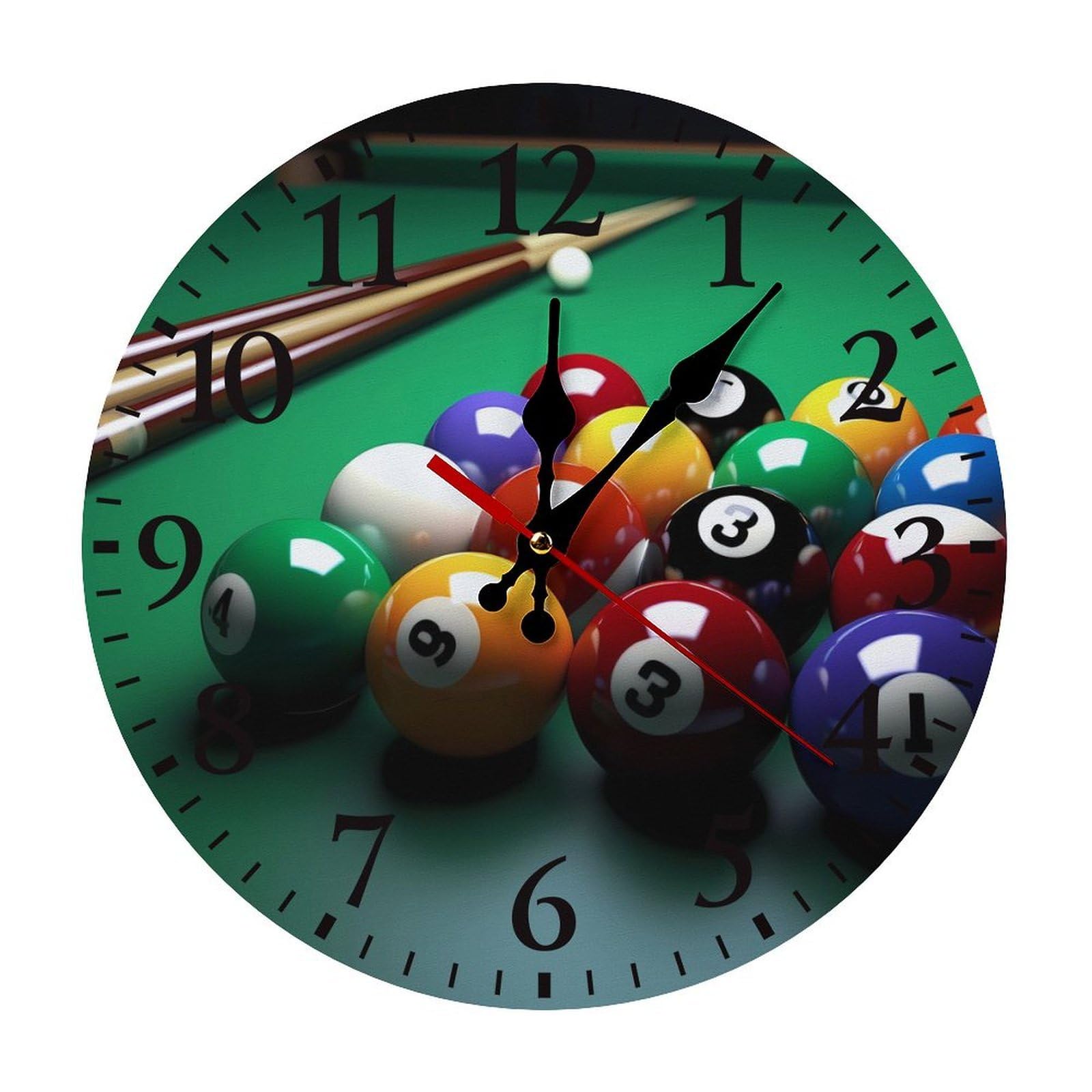 QMNLKH Billiards Wall Clock for Home, Battery Operated Clock for Hotel, Round Wall Clock with Arabic Numerals Black, Easy to Read, Non-Ticking Clocks for Living Room 25 * 25cm