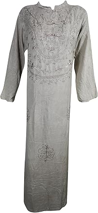 Mogul Womens Maxi Dress Stonewashed Neck Embroidered Boho Festive Tunic Shift Dresses