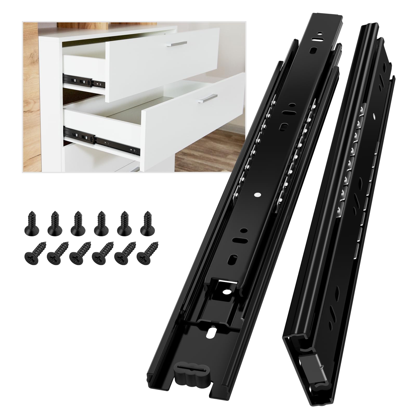 AOLISHENG Drawer Runners Cabinet Drawer Slides 300mm 45kg Load Capacity Heavy Duty Kitchen Draw Runners Full Extension Ball Bearing Draw Sliders Replacement Rails Side Mount, Black 1 Pair