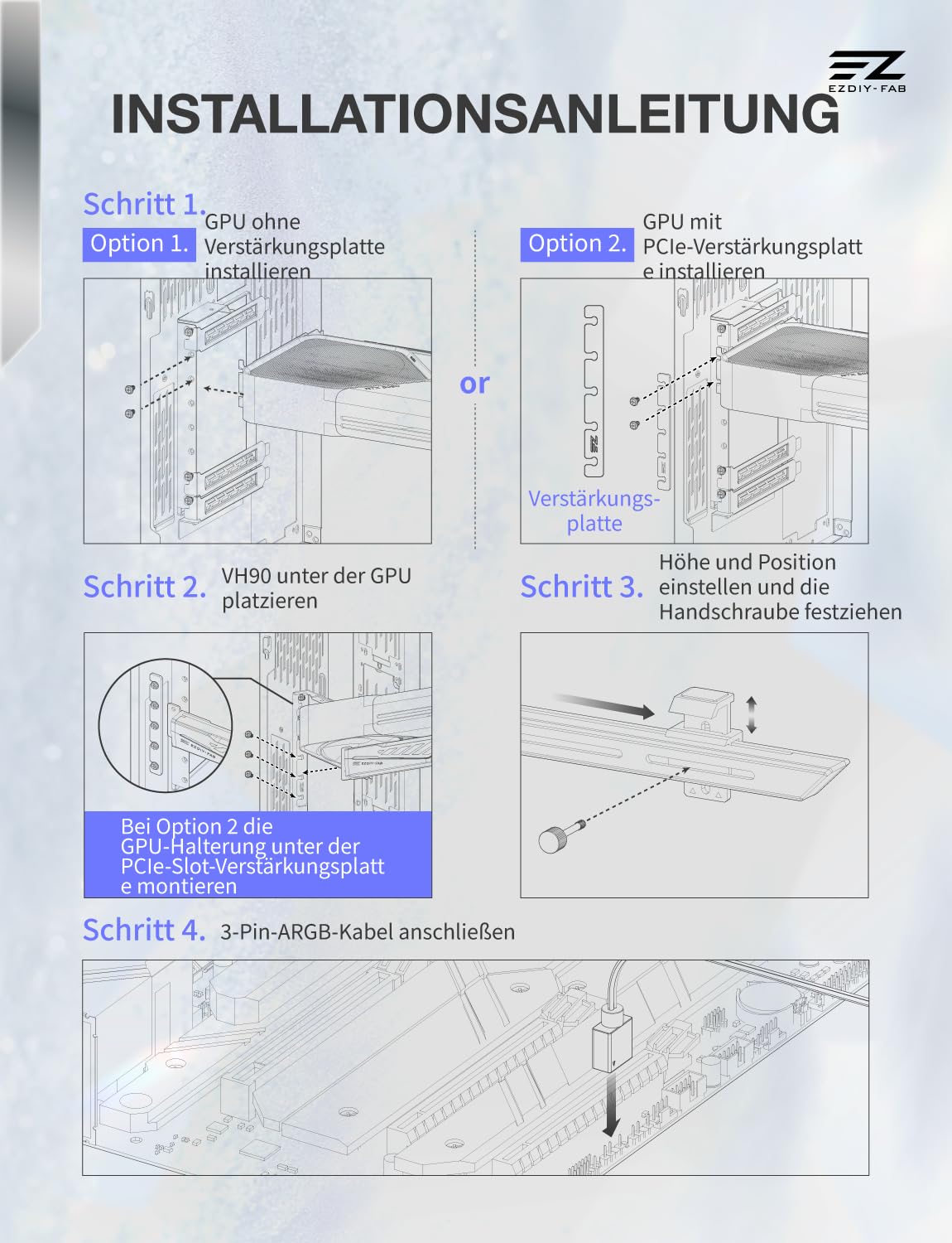 EZDIY-FAB VH90 ARGB Soporte de GPU Soporte Ajustable Anticaída Tarjeta Gráfica con Riel de Precisión y Mecanismo de Elevación Diseño Reforzado 5V Sincronización de Placa Base de 3 Pines, Blanco