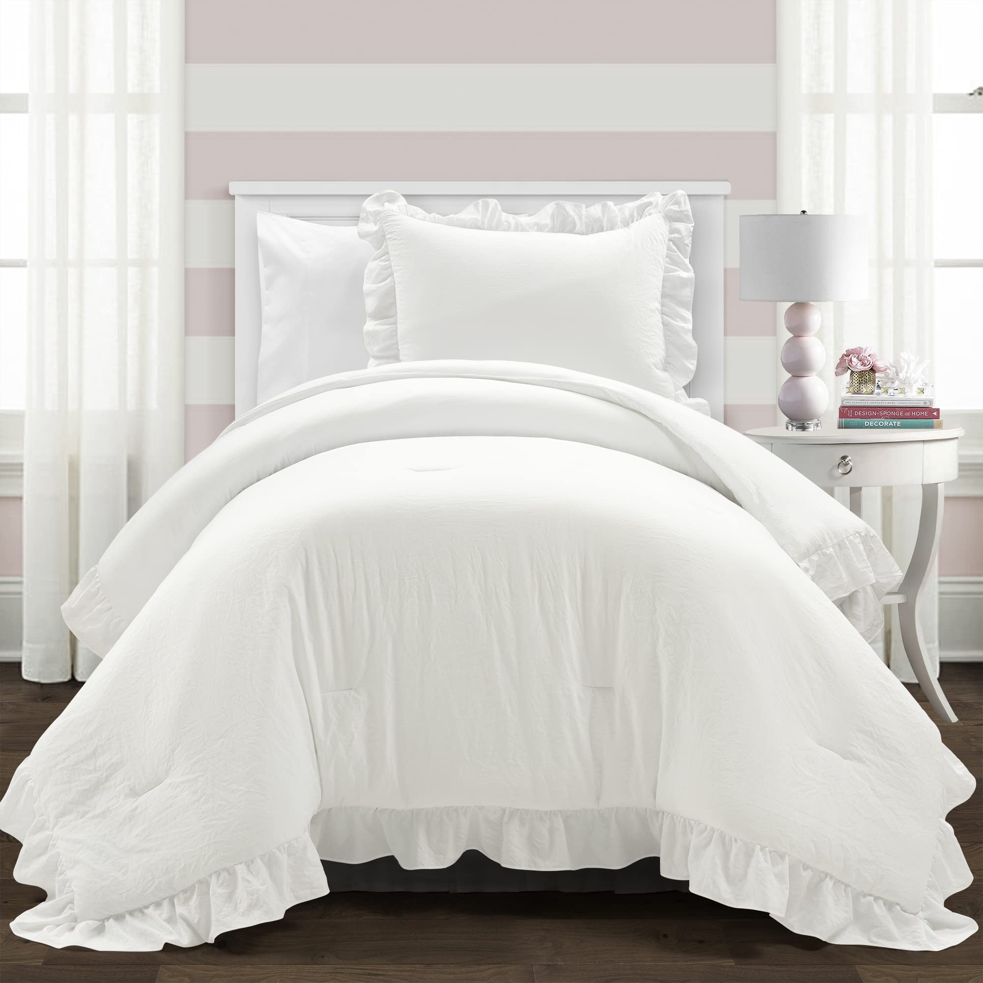 Lush Decor Reyna 2Piece Ruffled Comforter Bedding Set Twin XL, Pure