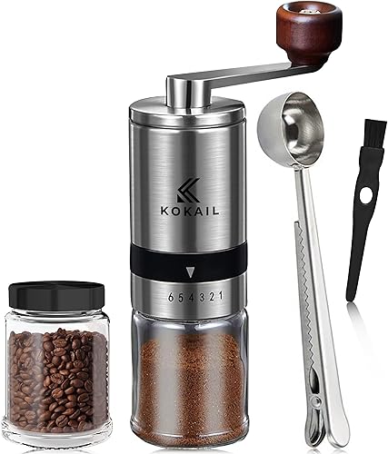KOKAIL Molinillo de café manual con rebabas de cerámica, molinillo de café de mano con mango de manivela, perilla de madera con 6 ajustes de