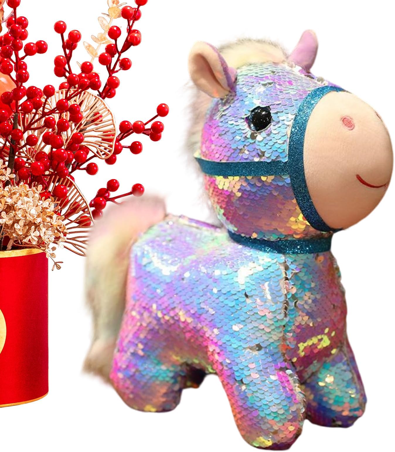 Generisch Plush Horse Cuddly Toy | 15 cm with Glitter Decoration | 2026 Year of the Horse Stuffed Toy Chinese New Year, for Children Adults Girls Women Men Bedroom