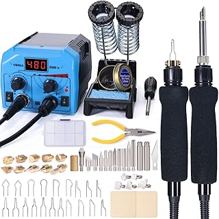 YIHUA 939D-II Pyrography Pen Wood Burning Kit Station 2-in-1 Solid-Point 200~480°C (with Temp Display)/Wire-Nib 250~750°C with 20 Nibs, Solid Points, 1 Stable Pen Holder, 2 Scrap Wood (Blue)