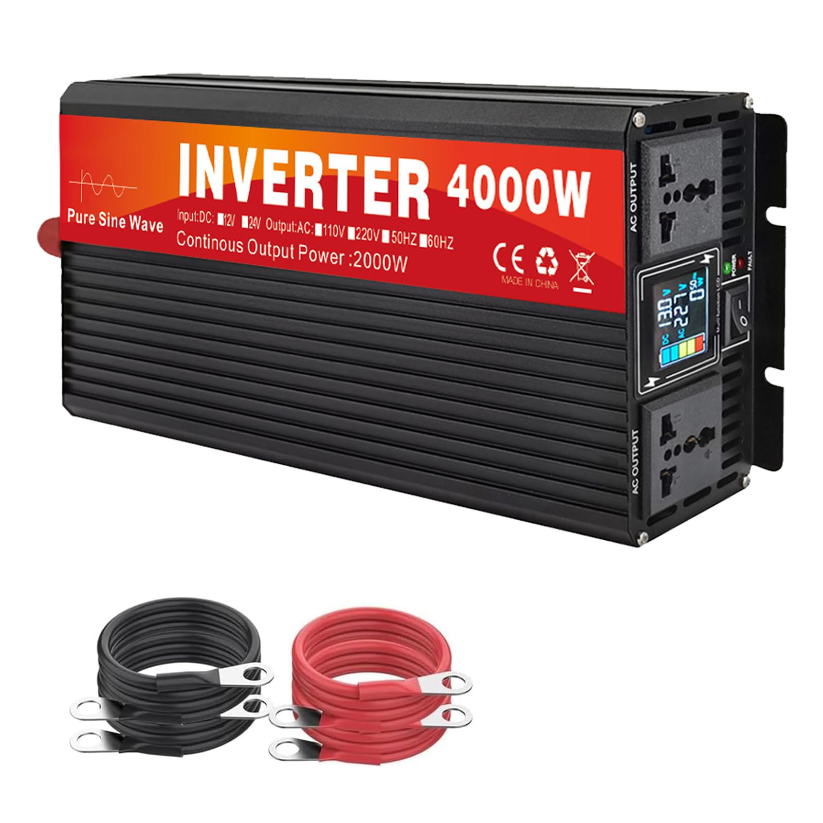 Inversor de Corriente para Coche de 2000W, 12V/24V/48V/60V/72V CC a 110V/230V CA, Inversor de Onda Sinusoidal Pura, Potencia de Sobretensión de 4000W, con Tomas de CA para Ry, Camión(Size:12V to 230V)